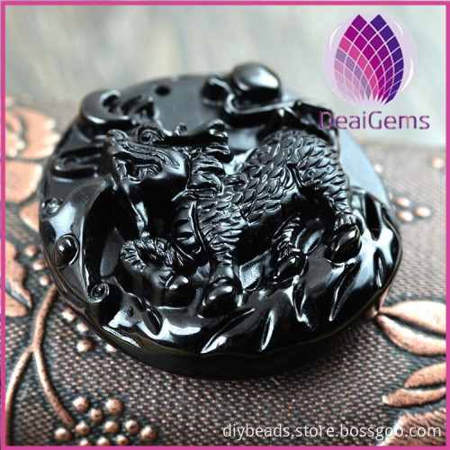 2015 latest unique design black carved dragon obsidian pendant